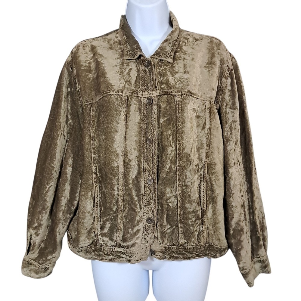 J. Jill Womens Large Olive Green Crushed Velvet Button Front Trucker Jacket L